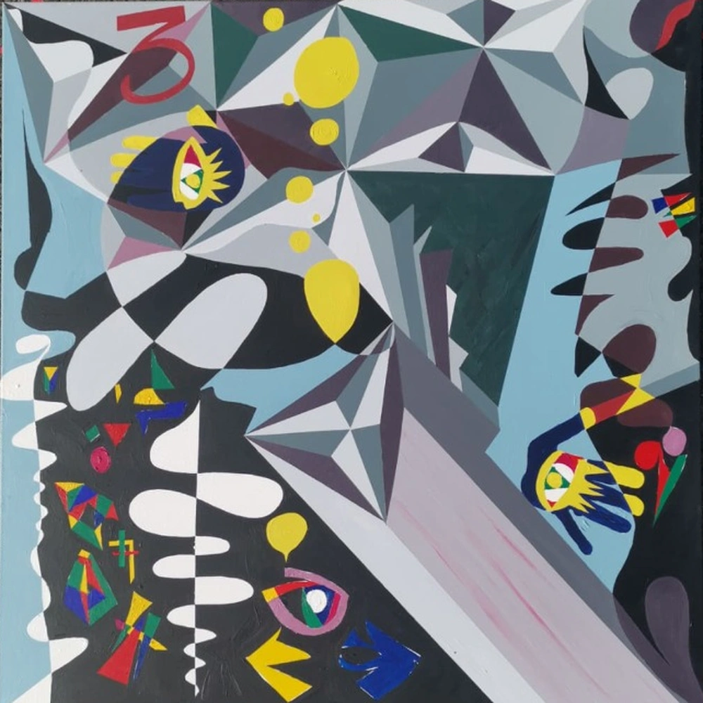 An acrylic canvas of 90s Cubism featuring 3D geometric triangles in slate, grey and sky blue, with eyes in hands, Masonic concealment in navy and black, and Nintendo 64 chromatic elements in the lower corner.